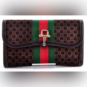 GUCCI Horse Bit Sherry Line Long Wallet Tri-Fold Brown